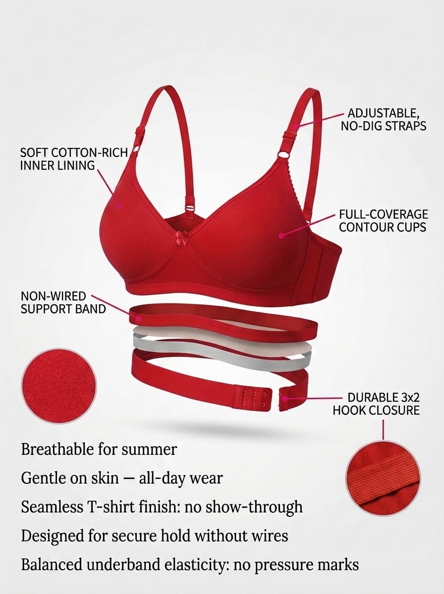 Non-Padded Full Coverage Cotton Bra for Women – Wire Free, Moulded Cups (Suhana)