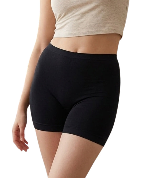 Black stretchable high rise boyshorts in micro fabric, front view on a model