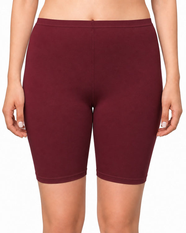 Maroon cotton high rise boyshorts with soft elastic waistband, full coverage, front view on a model