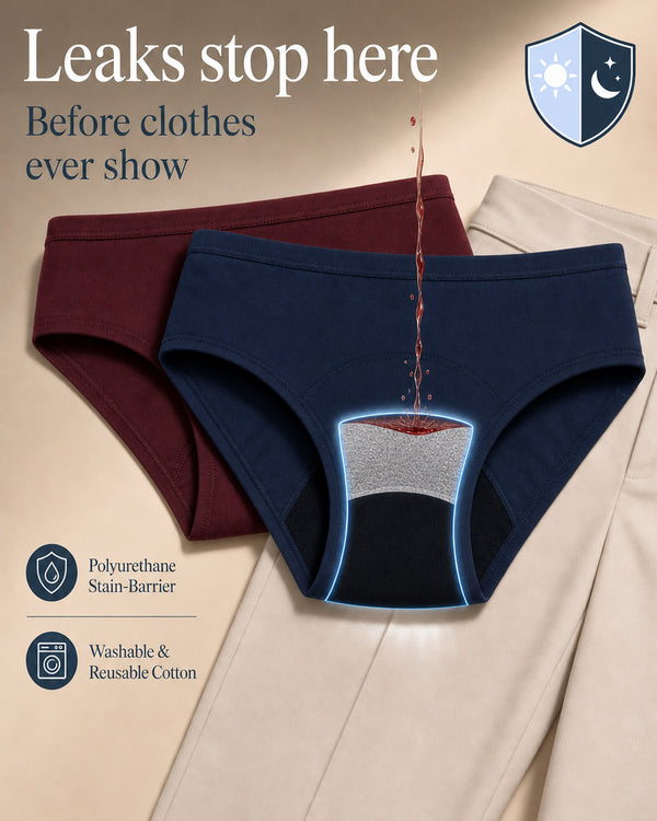 In Care reusable cotton period panties in maroon and navy, showing the stain barrier layer
