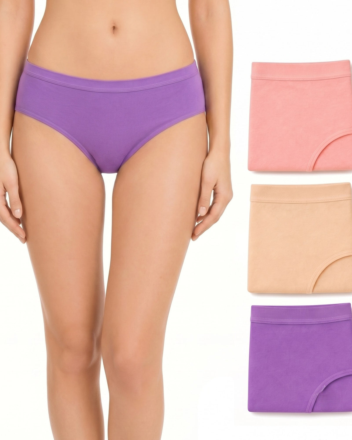 Cotton hipster panties pack of 3 in pink, peach and purple with outer elastic, purple pair worn by a model
