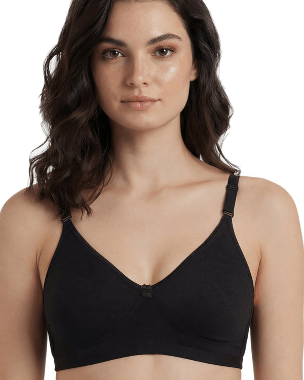 Black full coverage non-padded t-shirt bra with wide straps, non-wired, front view on a model