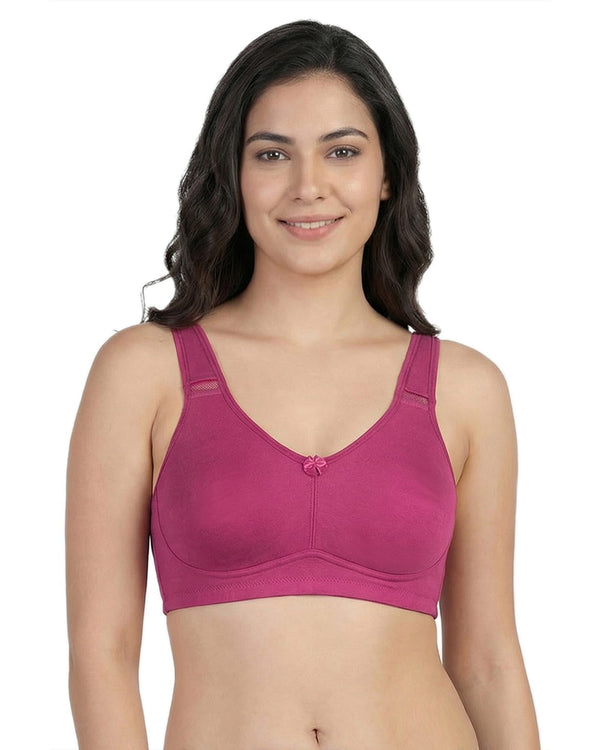 Magenta AlplSecret full coverage non-padded cotton-blend t-shirt bra, front view on a model