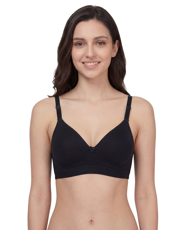 Black medium coverage padded t-shirt bra, front view on a model