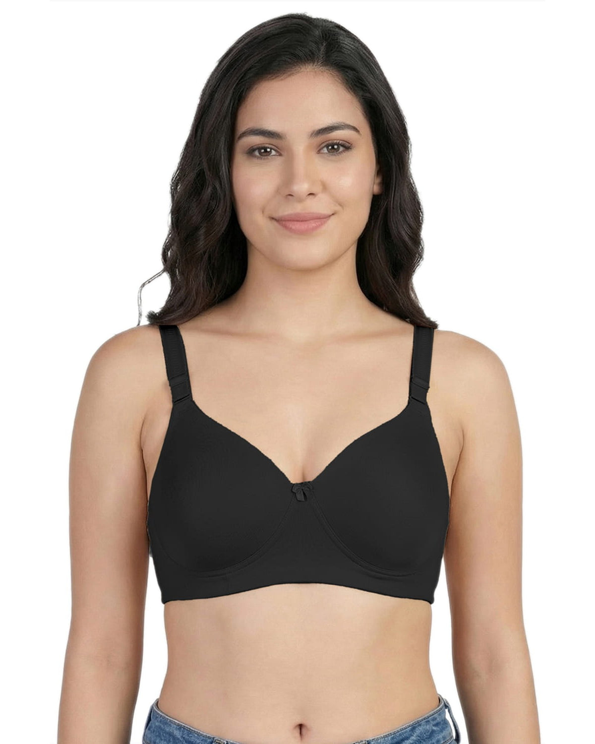 Black seamless padded t-shirt bra, front view on a model