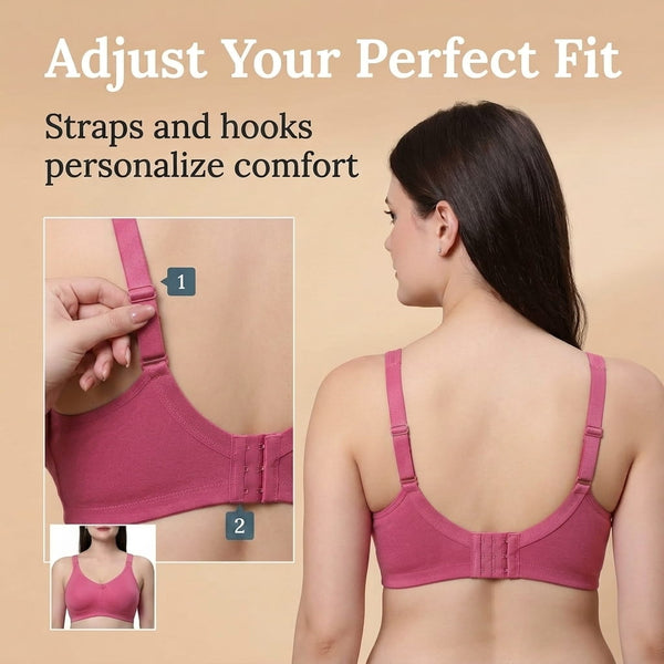 Onion pink AlplSecret full coverage non-padded T-shirt bra infographic: adjust your perfect fit, straps and hooks personalise comfort
