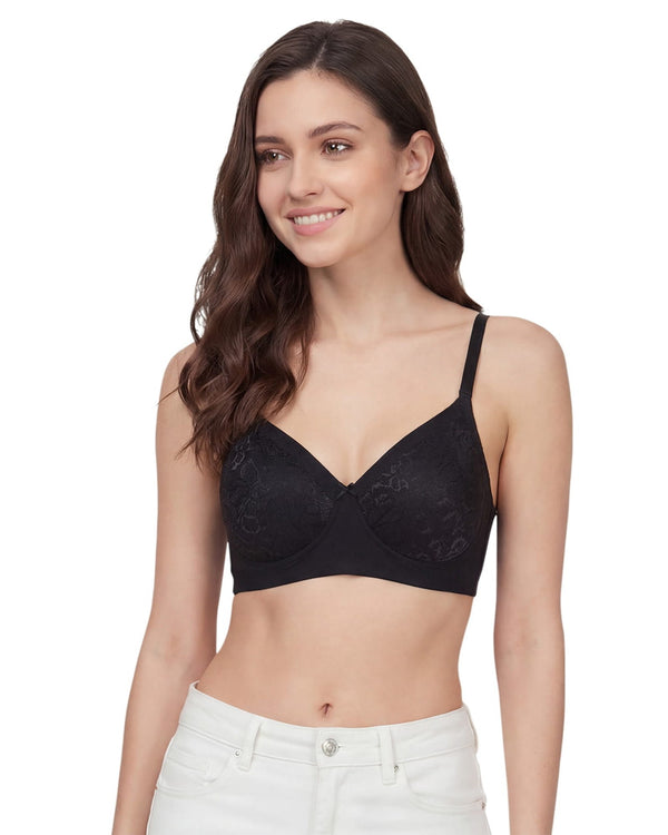 Black medium coverage padded lace bra, front view on a model