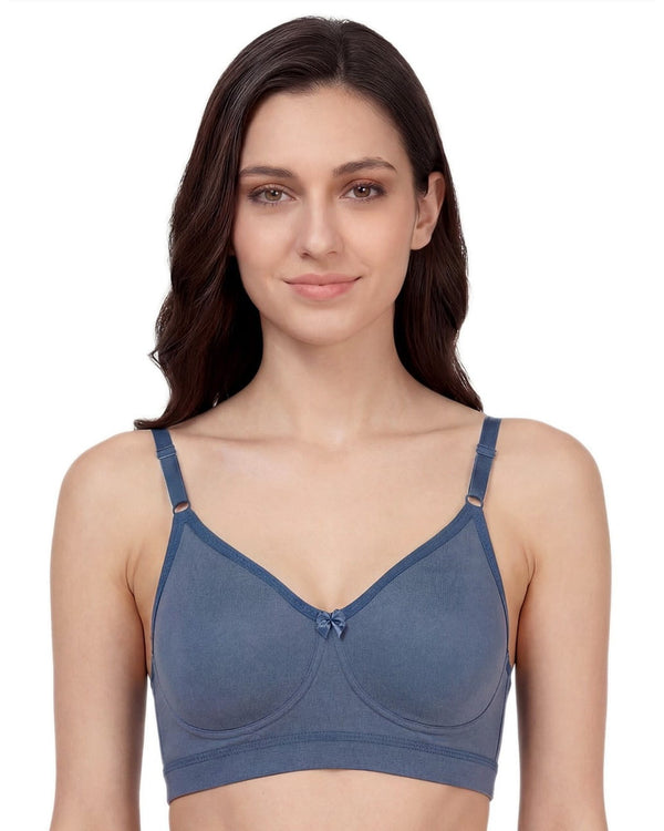 Blue AlplVictoria seamless full coverage non-padded bra, front view on a model