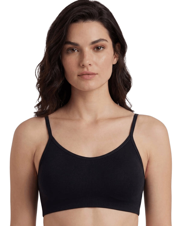 Black full coverage non-padded wire-free sports bra, front view on a model