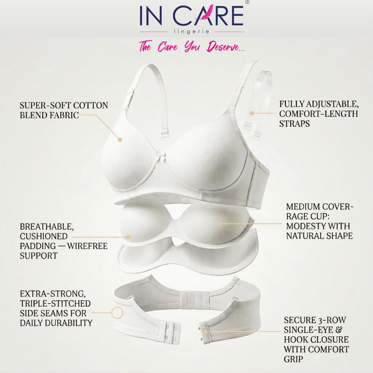 Padded Bra with Detachable Straps - Medium Coverage, B Cup