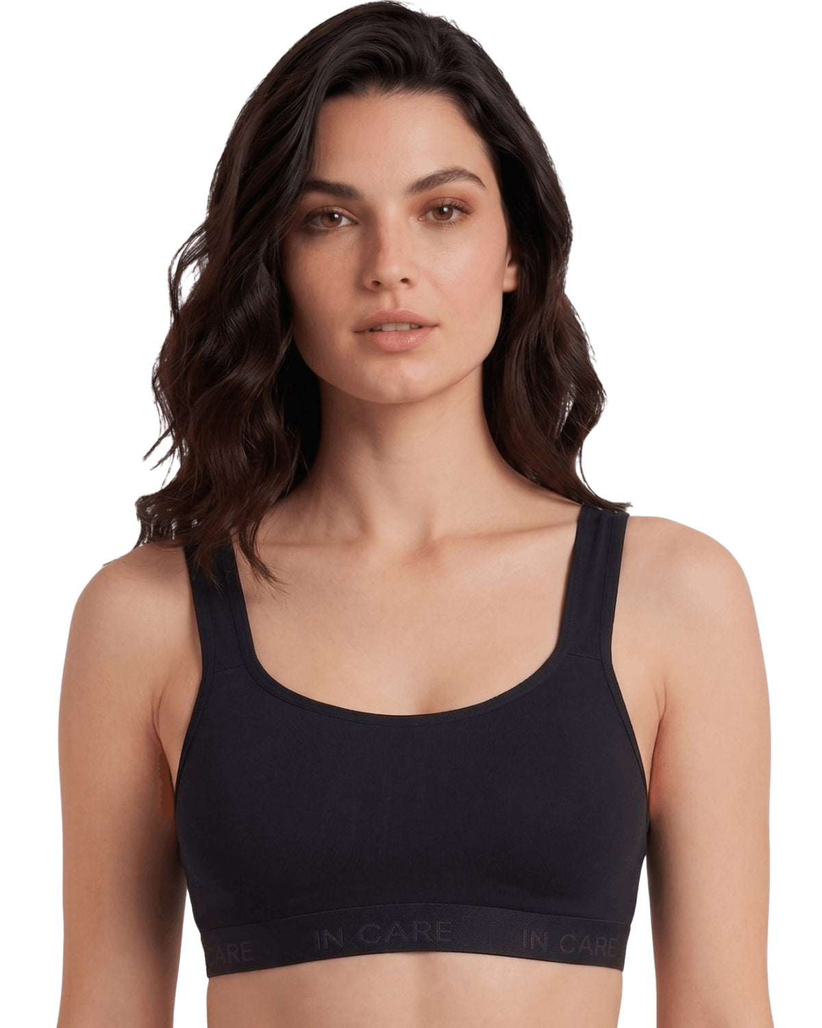 Black full coverage cotton-blend non-padded sports bra with In Care band, front view on a model
