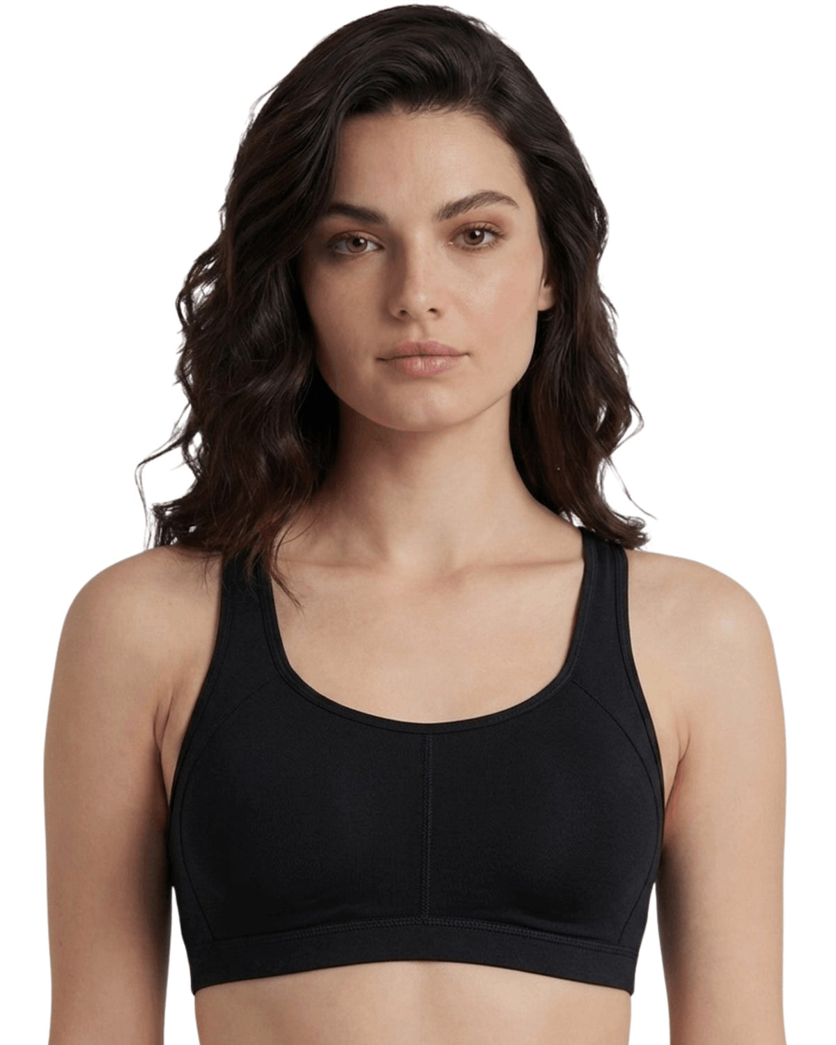 Black padded racerback sports bra with removable cups, front view on a model
