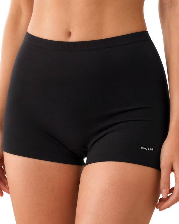 Black In Care cotton high rise boyshorts with inner elastic, full coverage, front view on a model