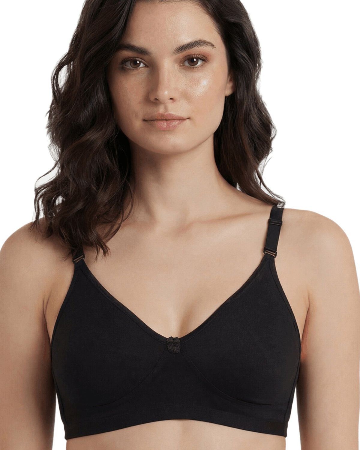 Black Suhana non-padded full coverage bra with moulded cups, front view on a model