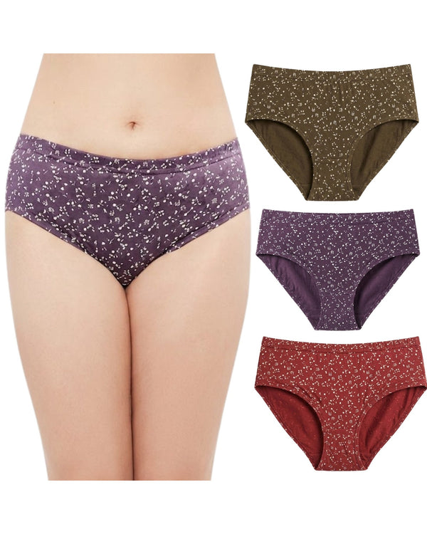 Cotton hipster panties pack of 3 in olive, purple and red floral prints, purple pair worn by a model