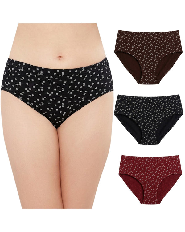 Cotton hipster panties pack of 3 in dark printed shades, black pair worn by a model