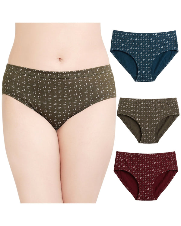 Cotton hipster panties pack of 3 in teal, olive and maroon prints with soft waistband, olive pair worn by a model