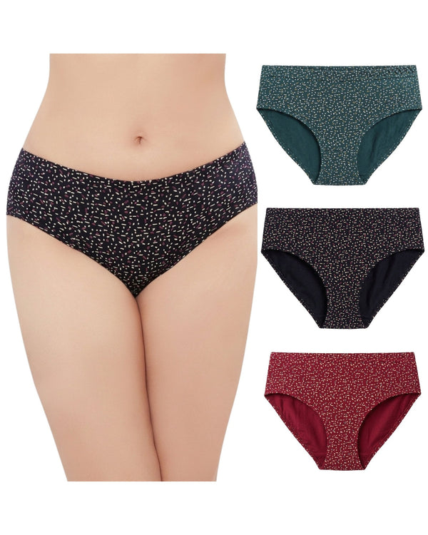 Printed cotton mid-rise hipster panties pack of 3 in teal, navy and red, navy pair worn by a model