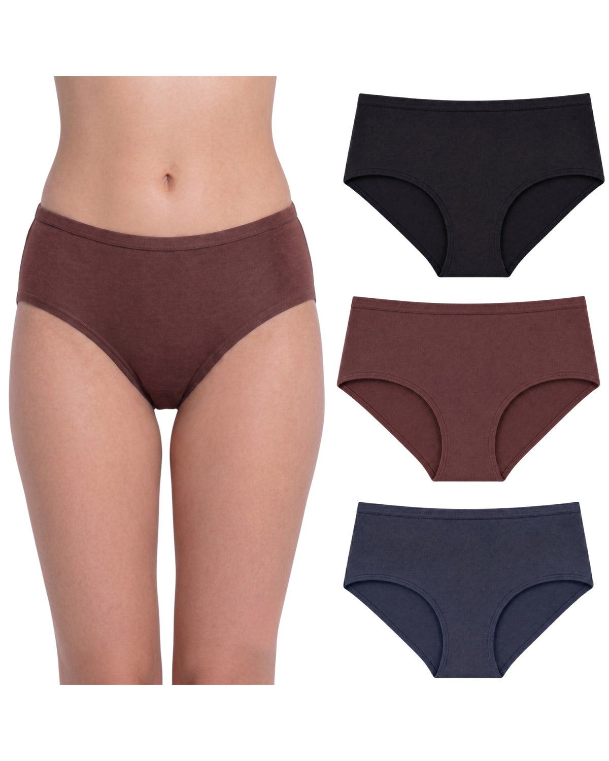In Care cotton mid-rise hipster panties pack of 3 in black, brown and navy, brown pair worn by a model