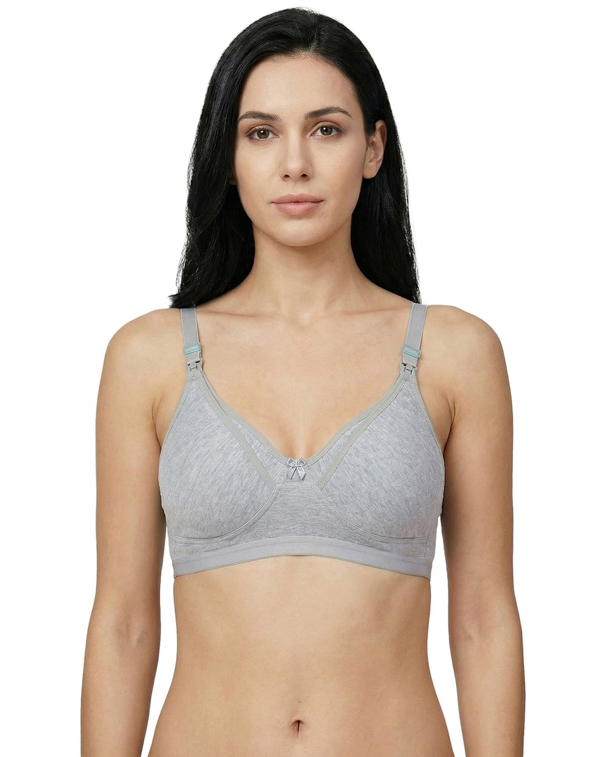 Grey Zoey maternity nursing bra, non-padded and non-wired, front view on a model