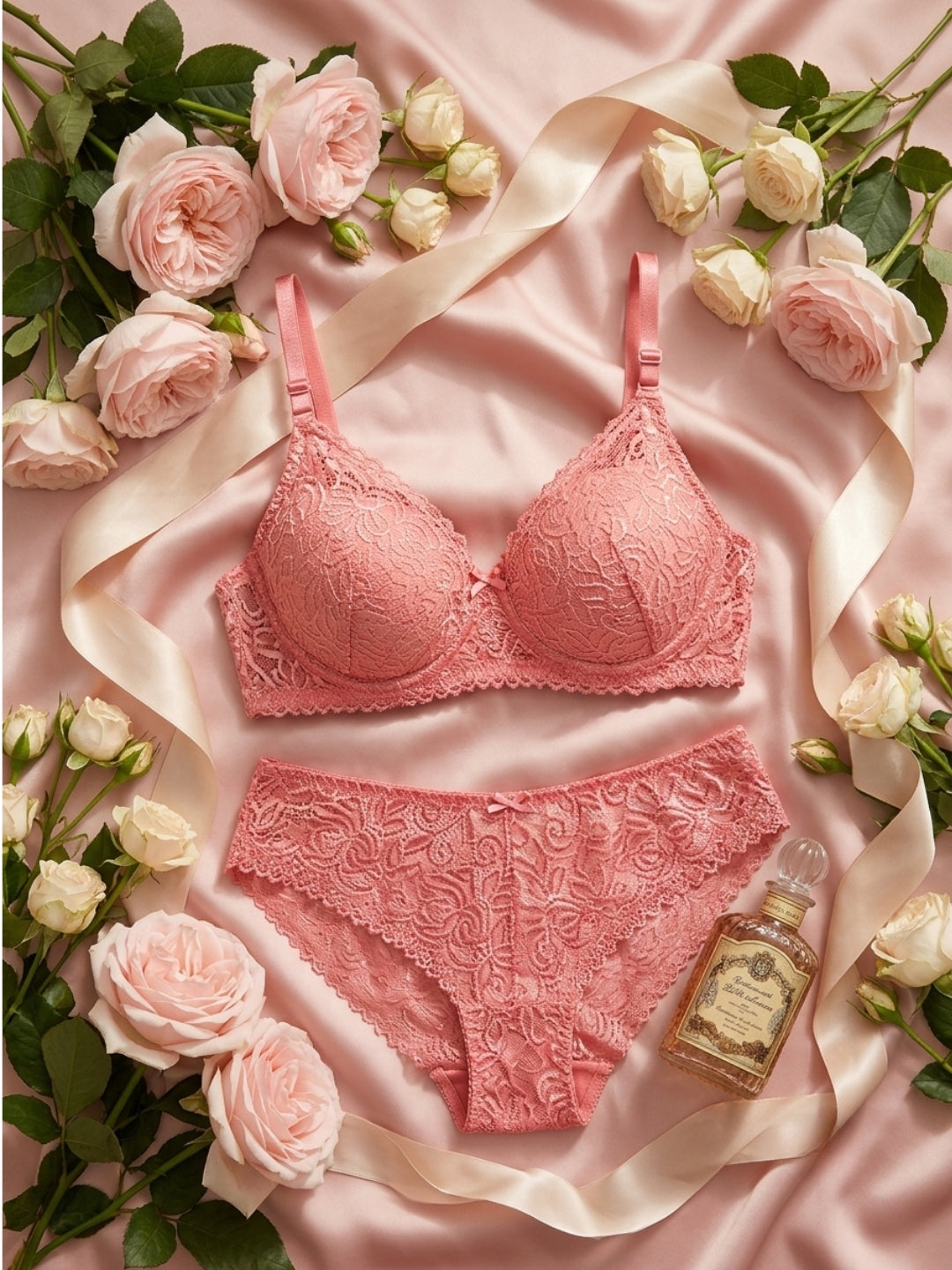 Floral Bra & Panty Lace Lingerie Set –Wire-Free, Lightly Padded
