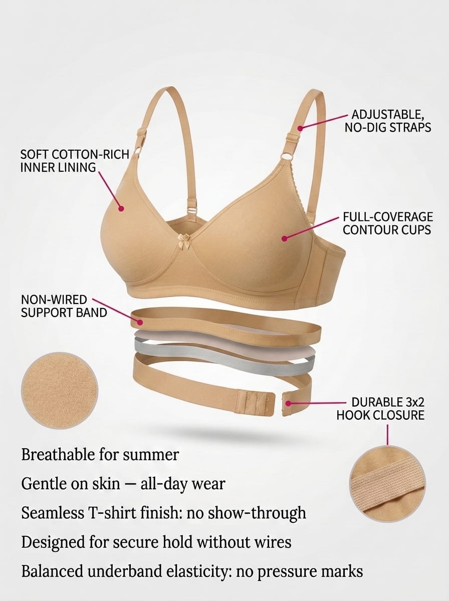 Non-Padded Full Coverage Cotton Bra for Women – Wire Free, Moulded Cups (Suhana)