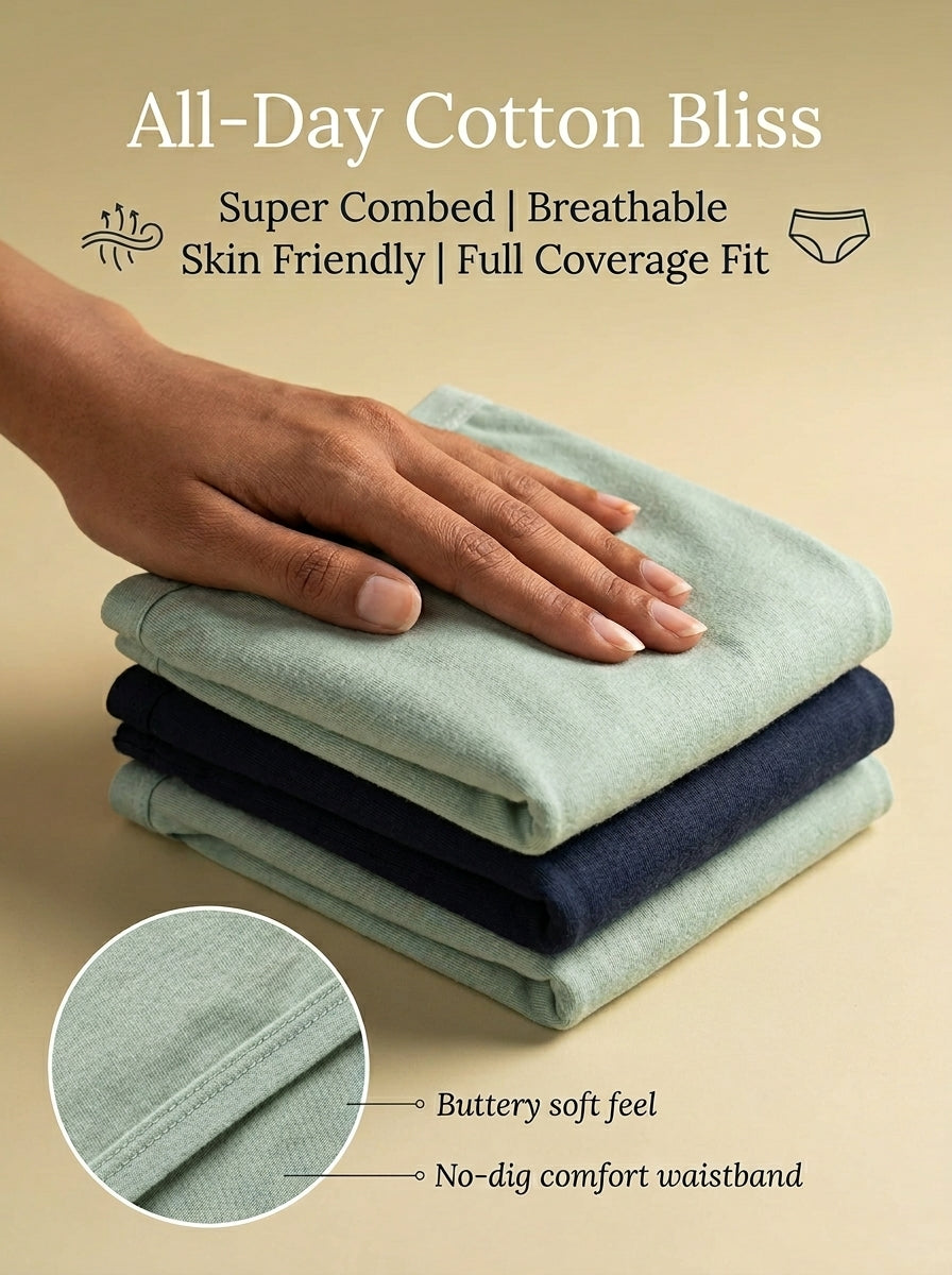 In Care Women's 100% Cotton Mid-Rise Hipster Panties, Pack of 3