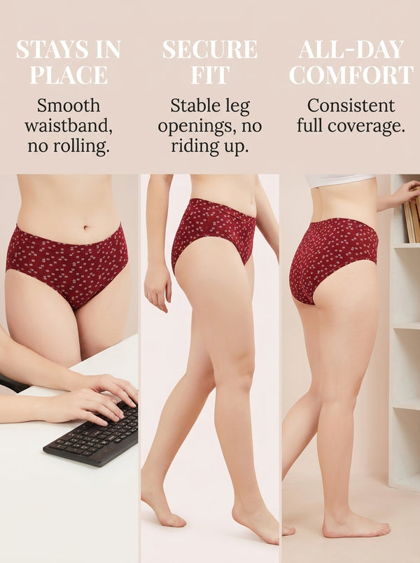 In Care printed cotton hipster panties infographic: stays in place, secure fit, all-day comfort