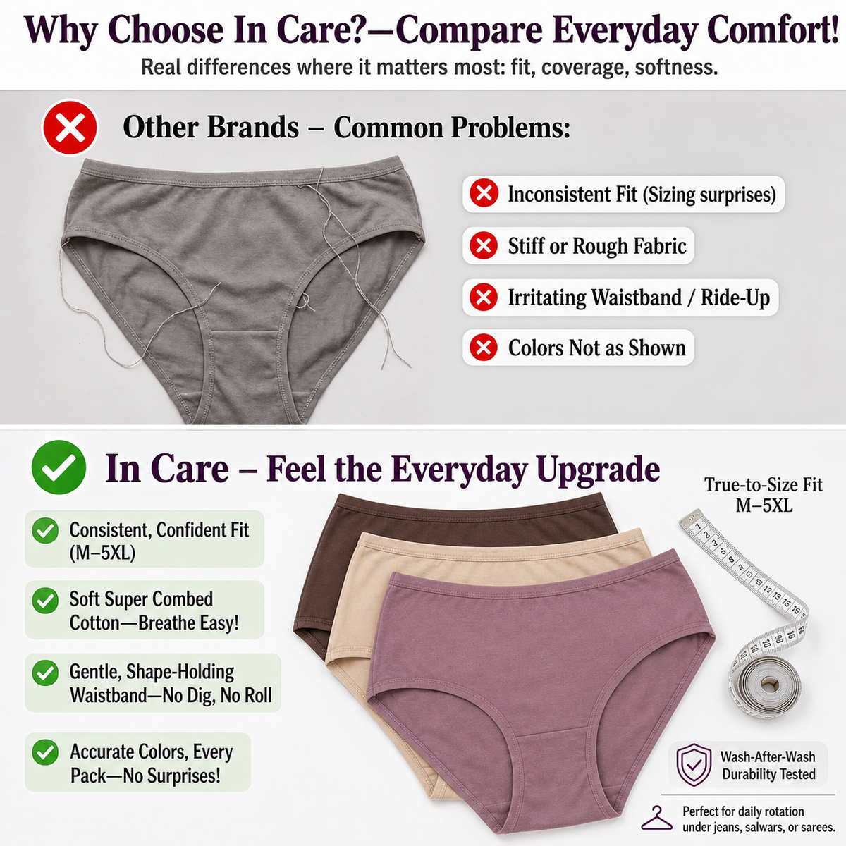 In Care Women's 100% Cotton Mid-Rise Hipster Panties, Pack of 3