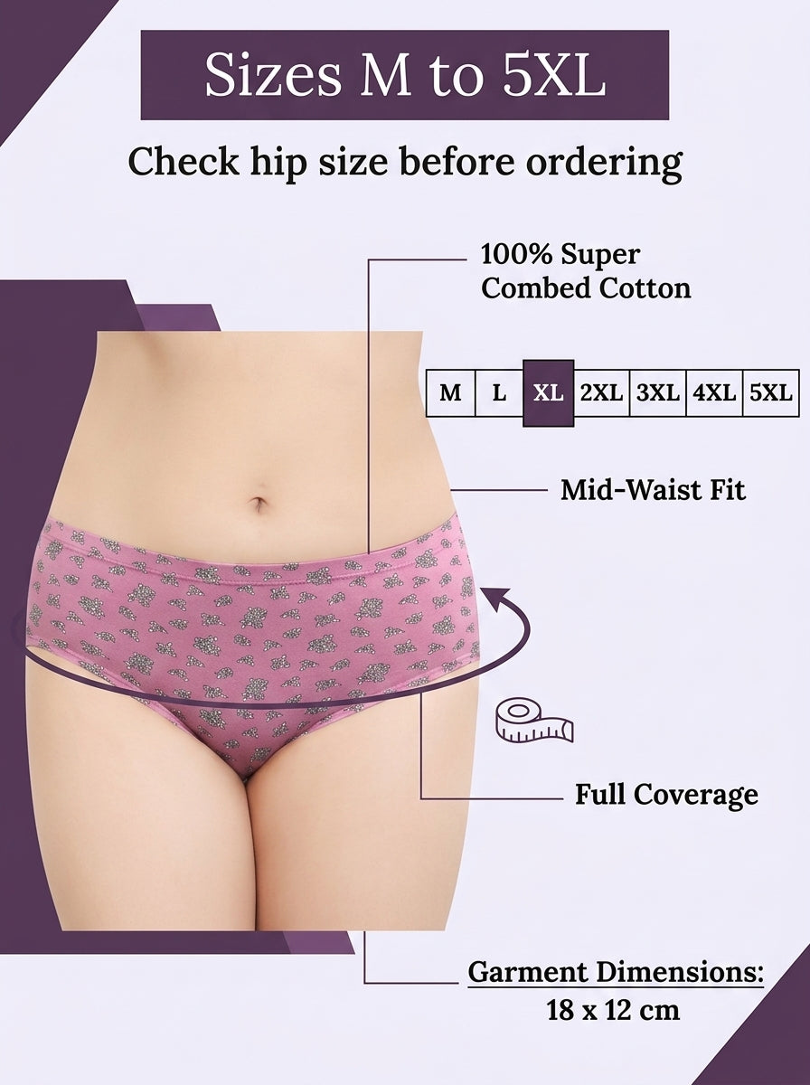 Size guide graphic for women's underwear showing a cropped torso model wearing pink patterned briefs, with text indicating sizes M to 5XL, mid-waist fit, full coverage, and garment dimensions.