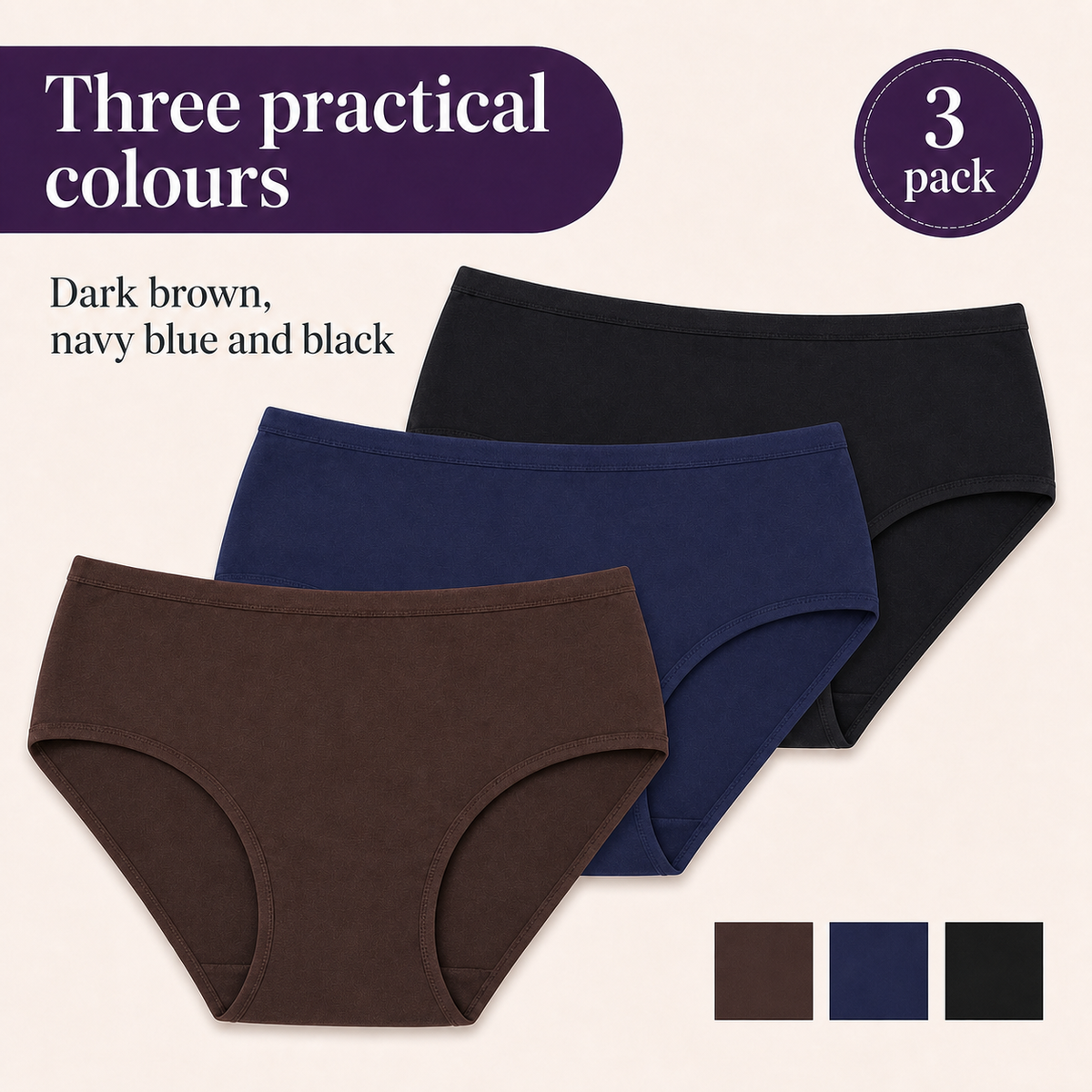 In Care Women's 100% Cotton Mid-Rise Hipster Panties, Pack of 3