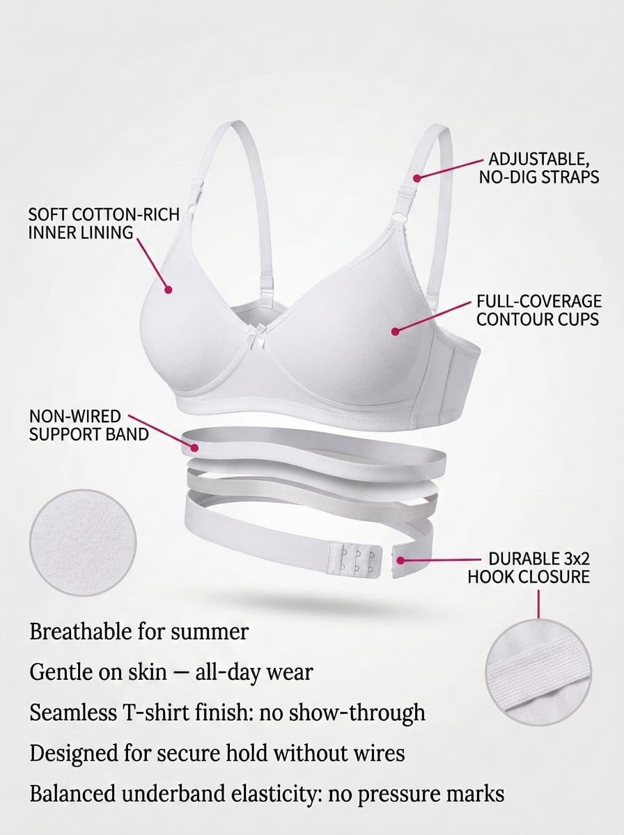 Non-Padded Full Coverage Cotton Bra for Women – Wire Free, Moulded Cups (Suhana)