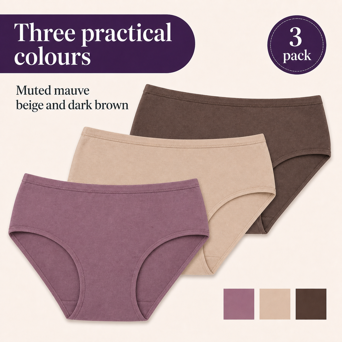 In Care Women's 100% Cotton Mid-Rise Hipster Panties, Pack of 3