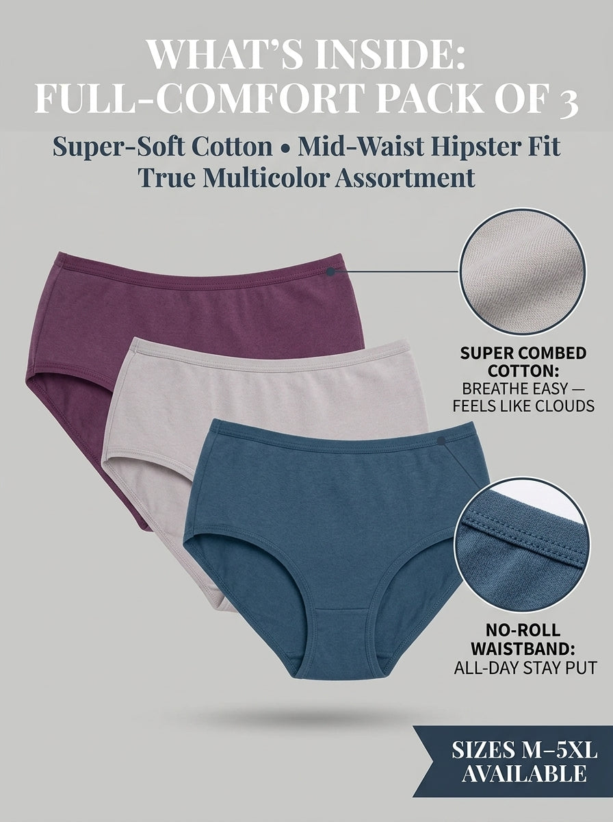 In Care Women's 100% Cotton Mid-Rise Hipster Panties, Pack of 3
