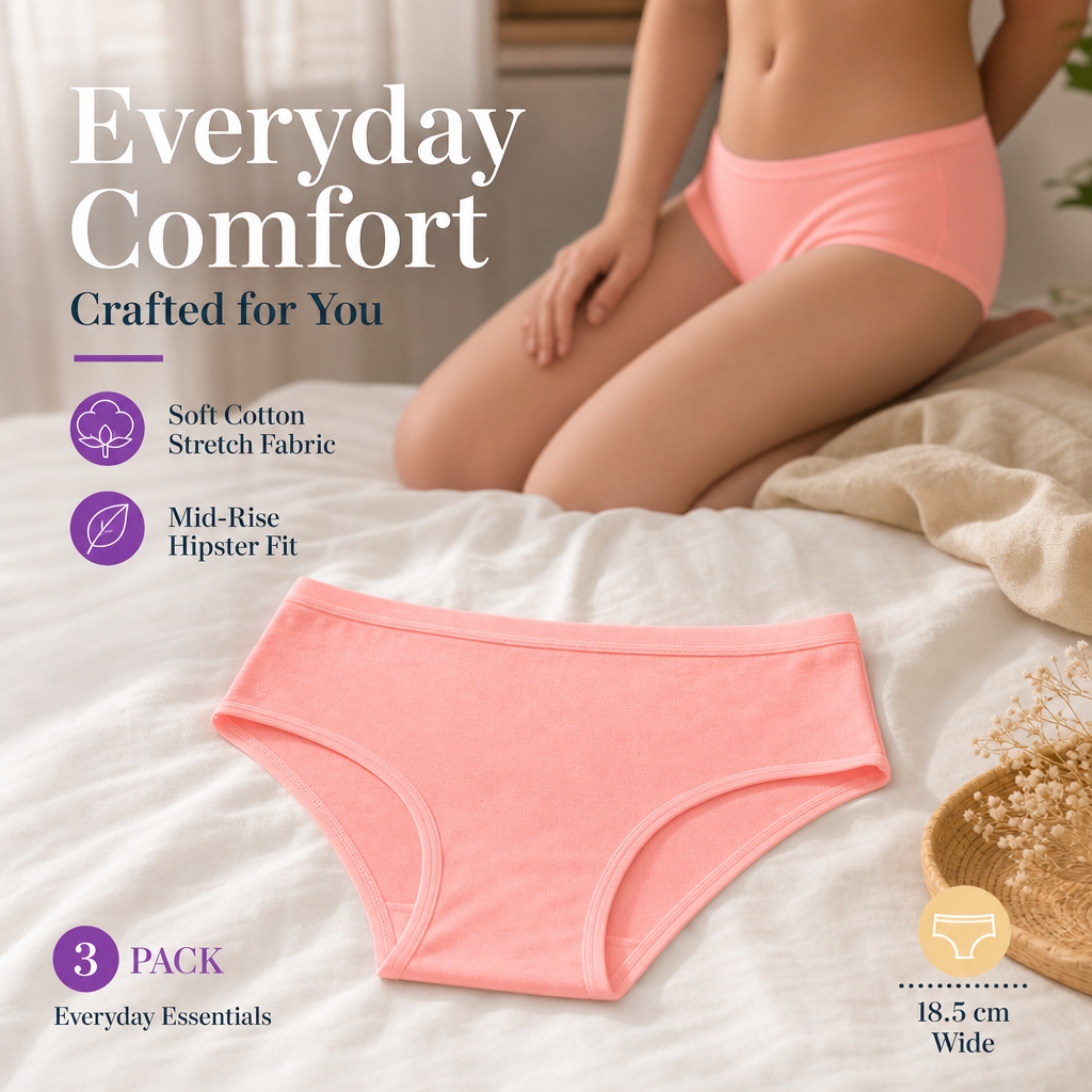 Cotton Hipster Panties Pack of 3 – Outer Elastic, Full Coverage | In Care