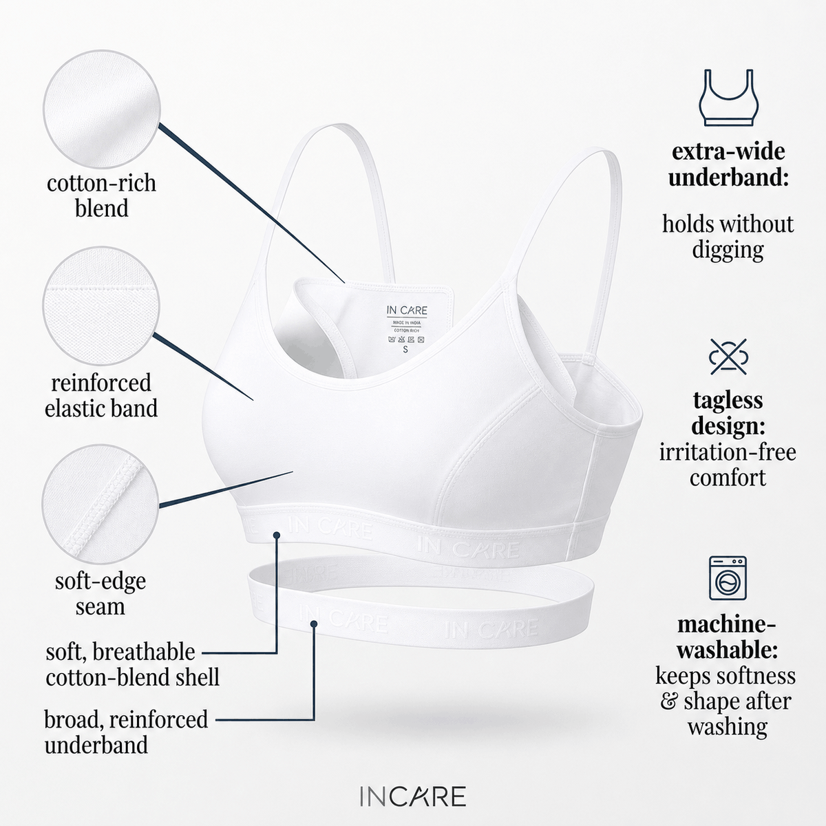 In Care Slip On Sports Bra – Non Padded Wire Free Cotton Bralette for Women