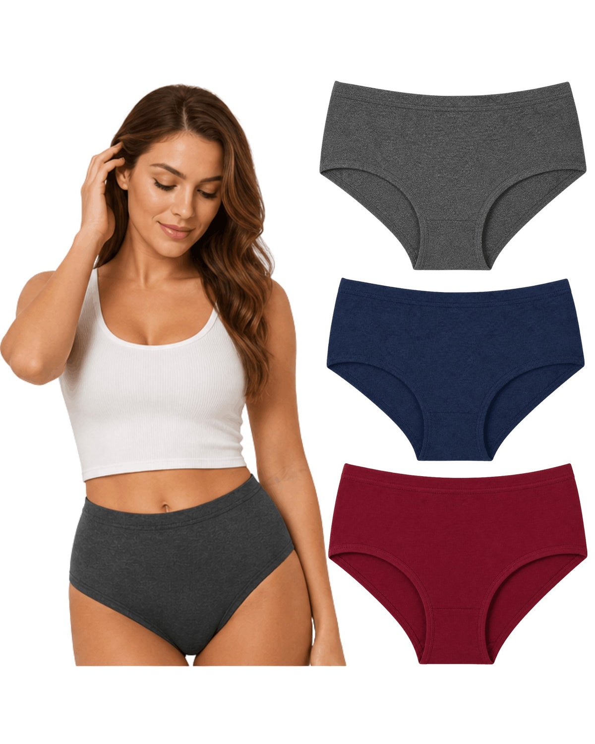 Hipster panties pack of 3 in grey, navy and maroon with broad inner elastic, grey pair worn by a model