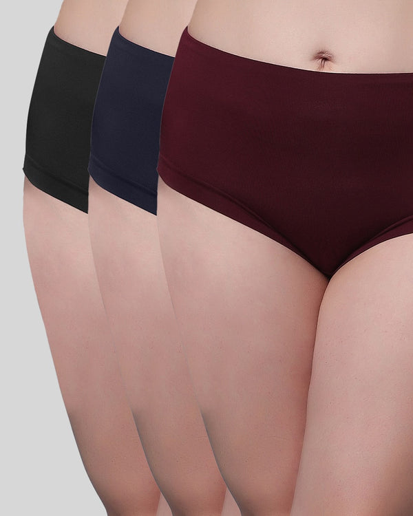 High rise modal hipster panties pack of 3 in black, navy and maroon, worn on a model, front view