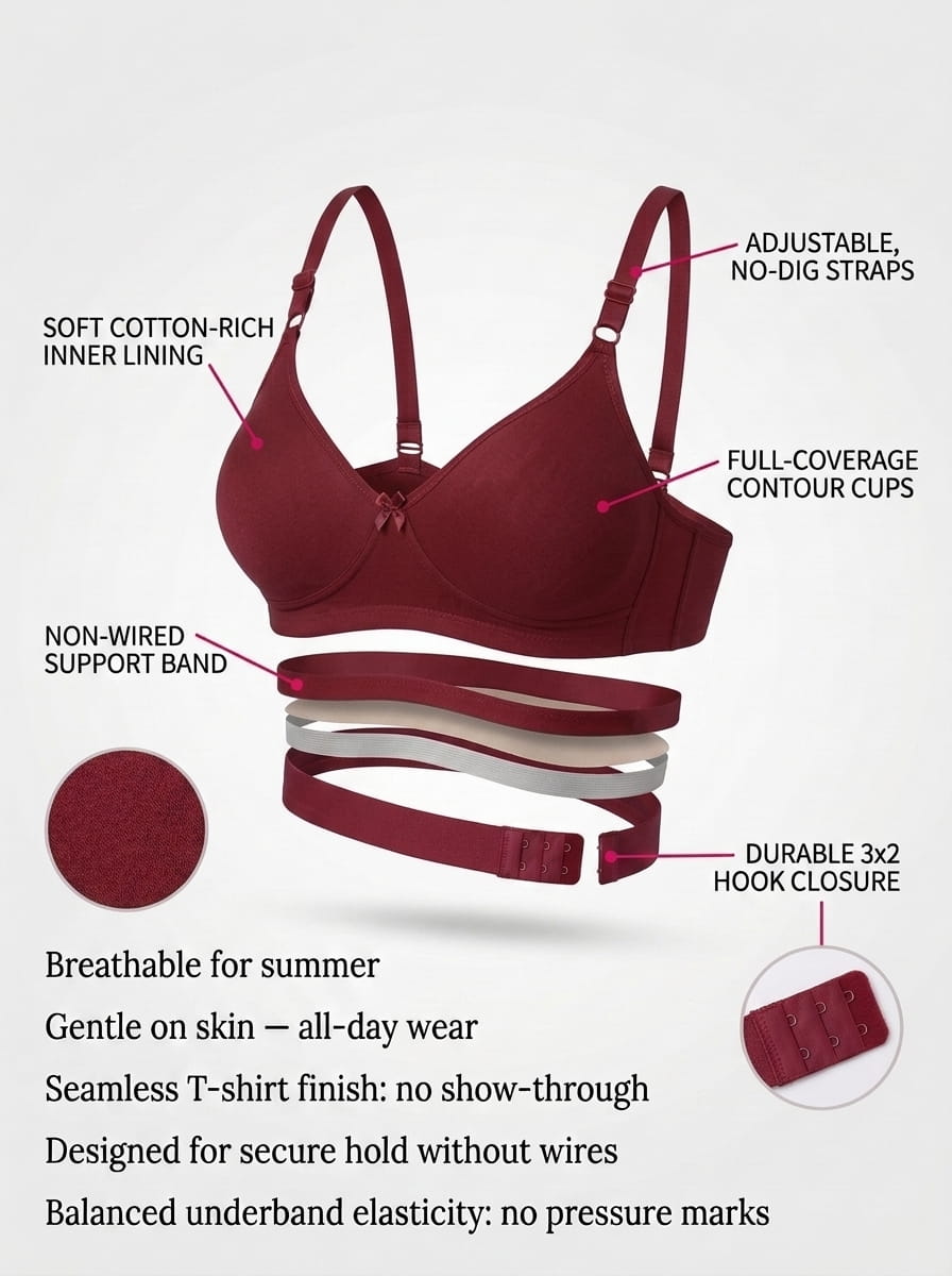 Full Coverage Non-Padded T-Shirt Bra | Non-Wired Wide Straps D Cup