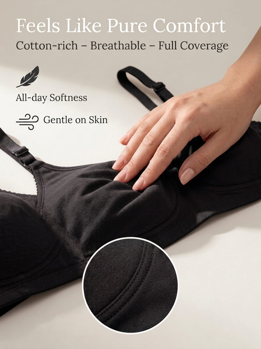 Full Coverage Non-Padded T-Shirt Bra | Non-Wired Wide Straps D Cup