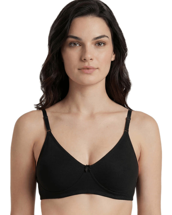 Black Soha non-padded full coverage bra, wire free with moulded cups, front view on a model