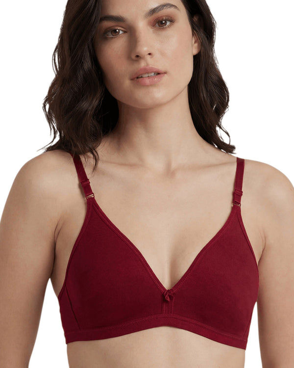 Maroon Tulie half coverage non-padded t-shirt bra with deep neck, front view on a model