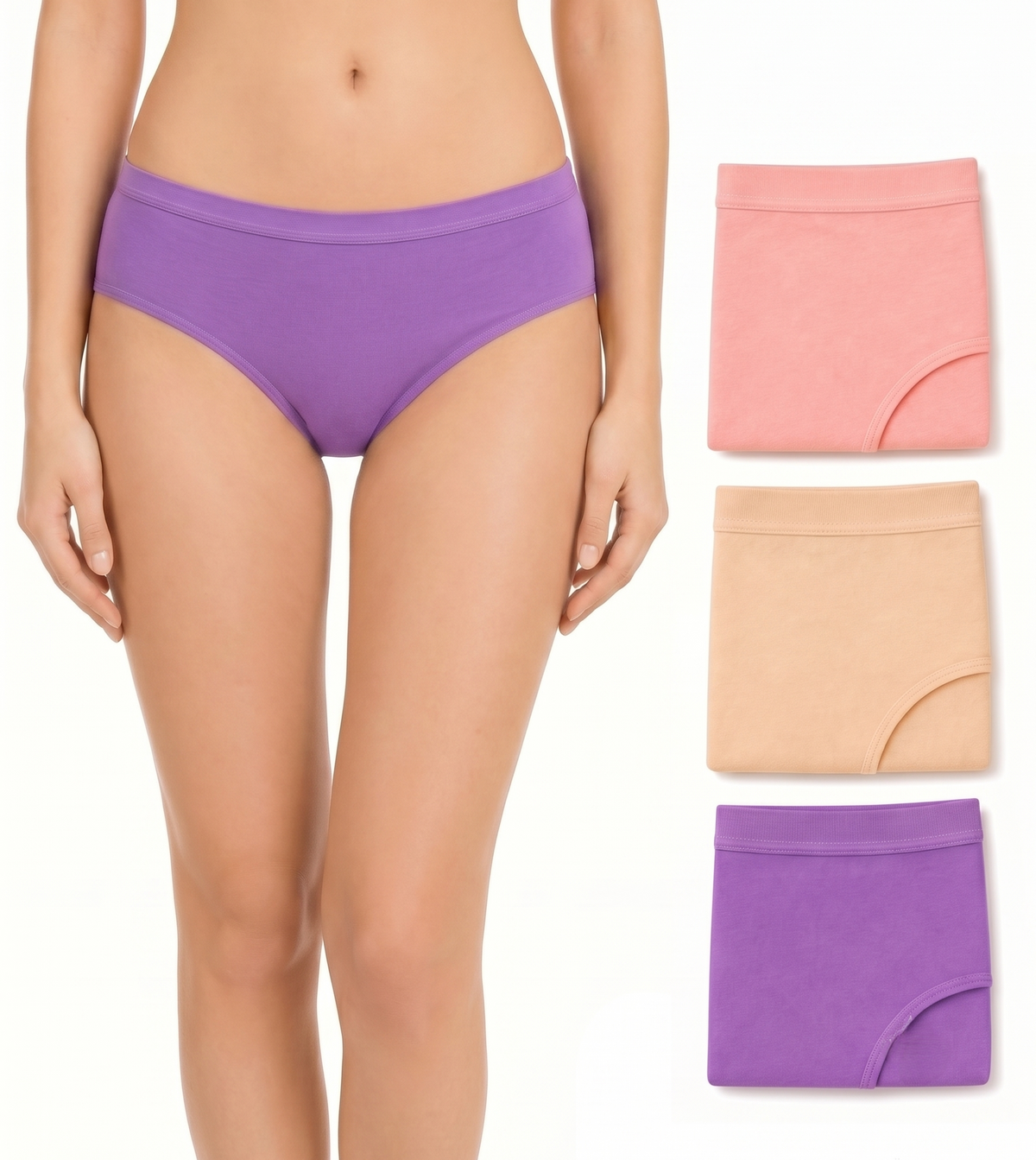 A model is wearing a pair of purple high-waisted briefs, with three additional color options shown on the right: pink, beige, and purple.
