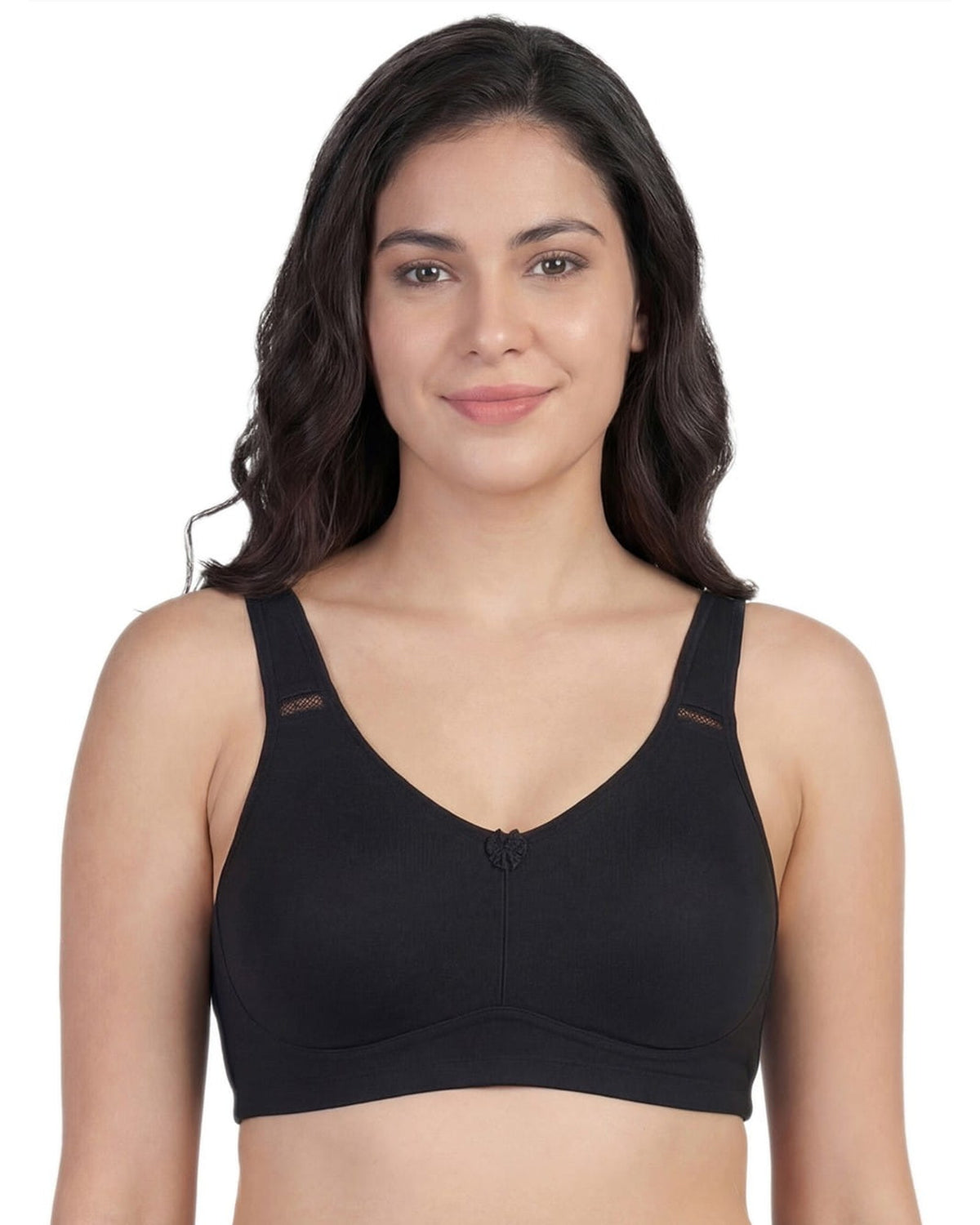 Black AlplSecret full coverage non-padded cotton-blend t-shirt bra, front view on a model