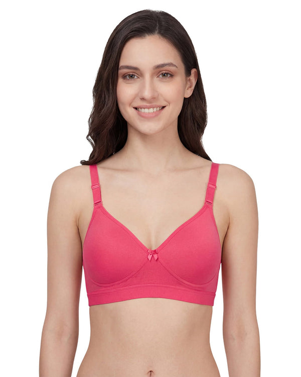 Pink medium coverage padded t-shirt bra with detachable straps, front view on a model