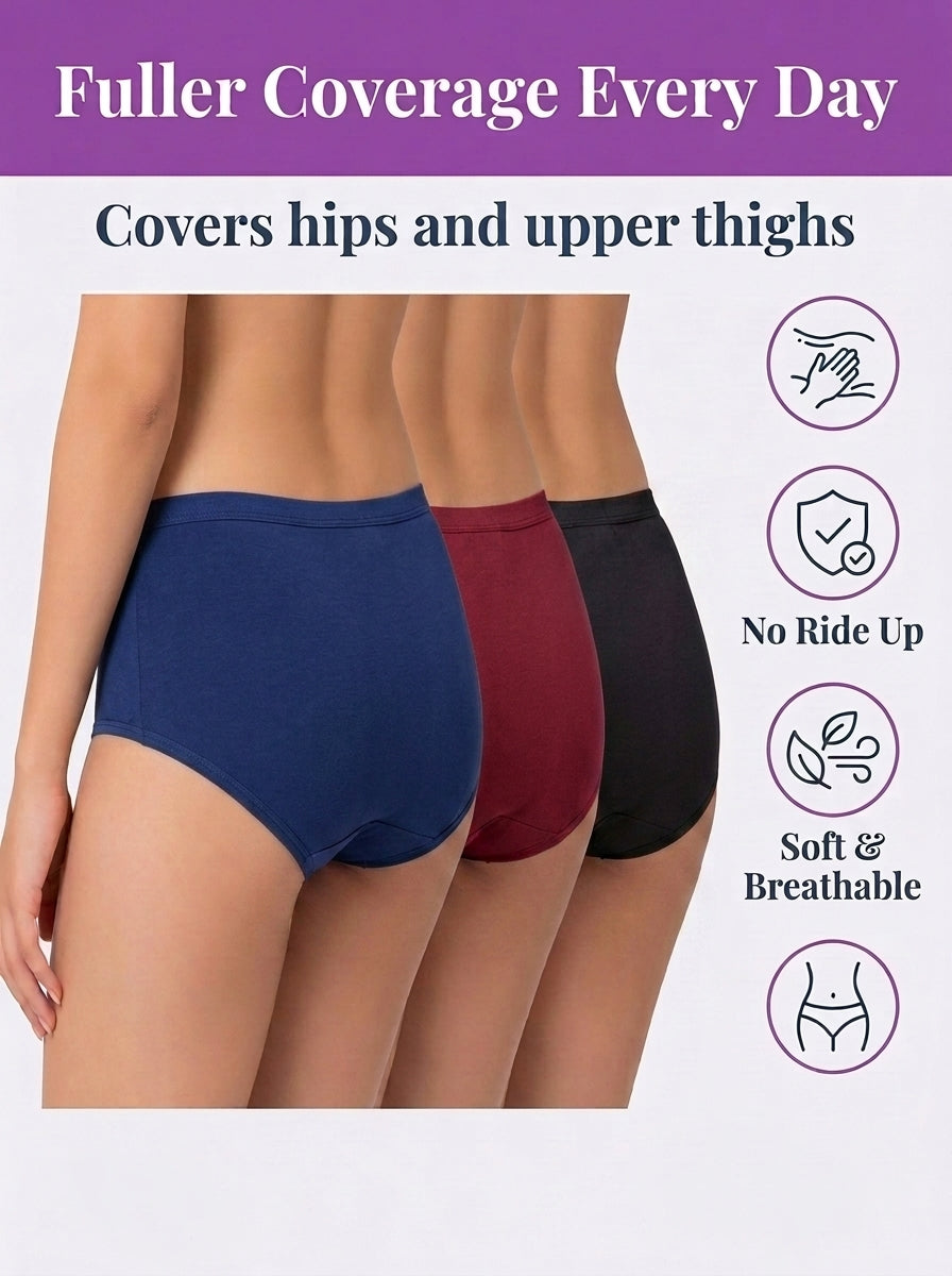 Three women's high-waisted briefs shown on a model from the back, in navy blue, burgundy, and black. The image includes marketing text and icons on the right stating 'Fuller Coverage Every Day', 'Covers hips and upper thighs', 'No Ride Up', and 'Soft & Breathable'.