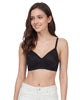 Black medium coverage padded lace bra, front view on a model