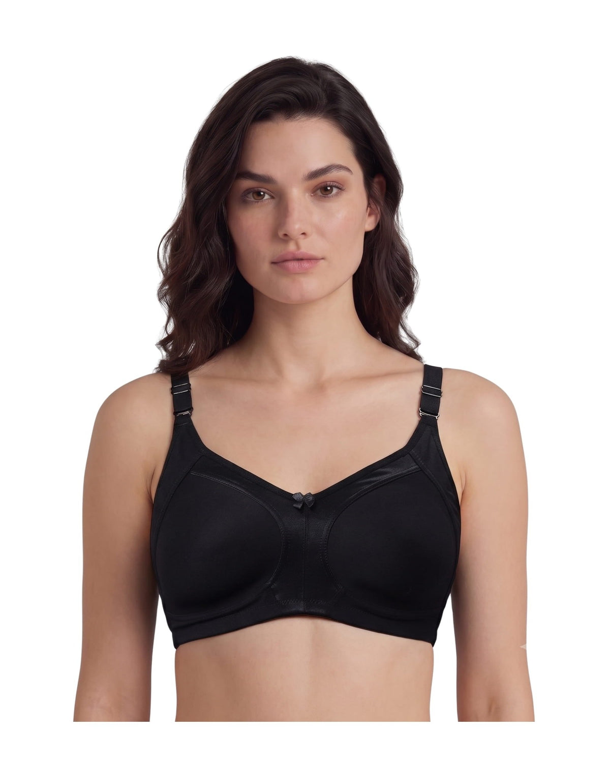 Black AlplSpaceX smooth full coverage non-padded t-shirt bra, front view on a model
