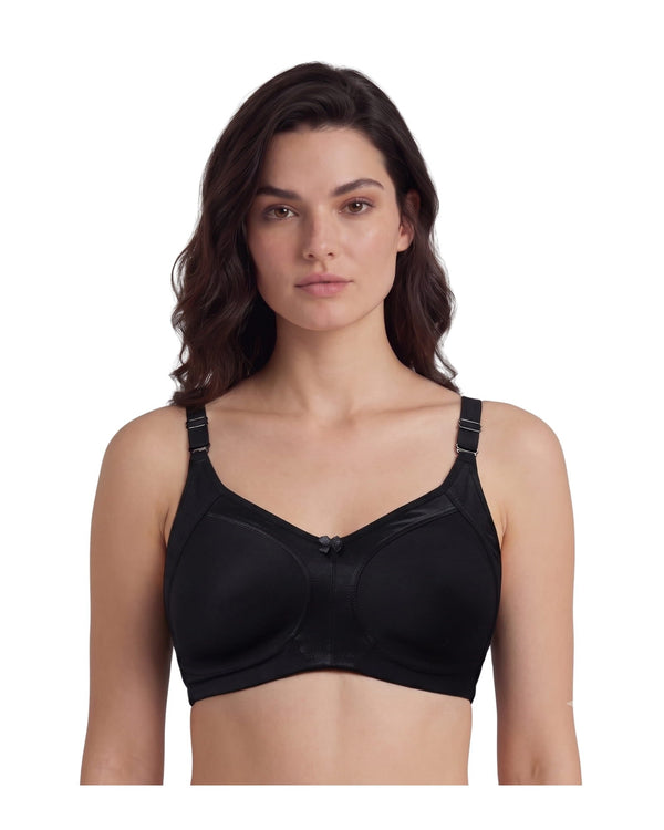 Black AlplSpaceX smooth full coverage non-padded t-shirt bra, front view on a model