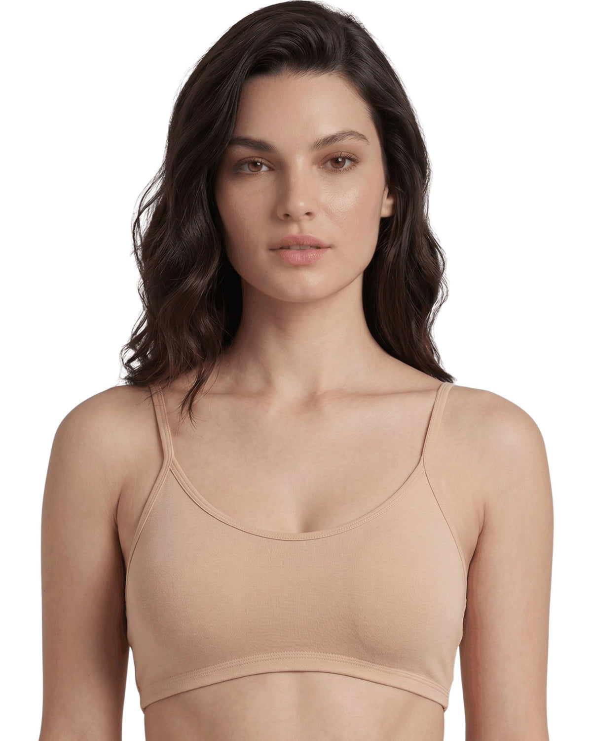 Nude full coverage non-padded slip-on sports bra, front view on a model
